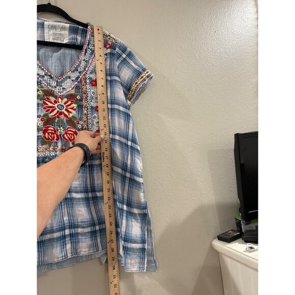 Kyla Seo blue white plaid floral embroidered short sleeve boho tunic shirt large - Picture 9 of 10